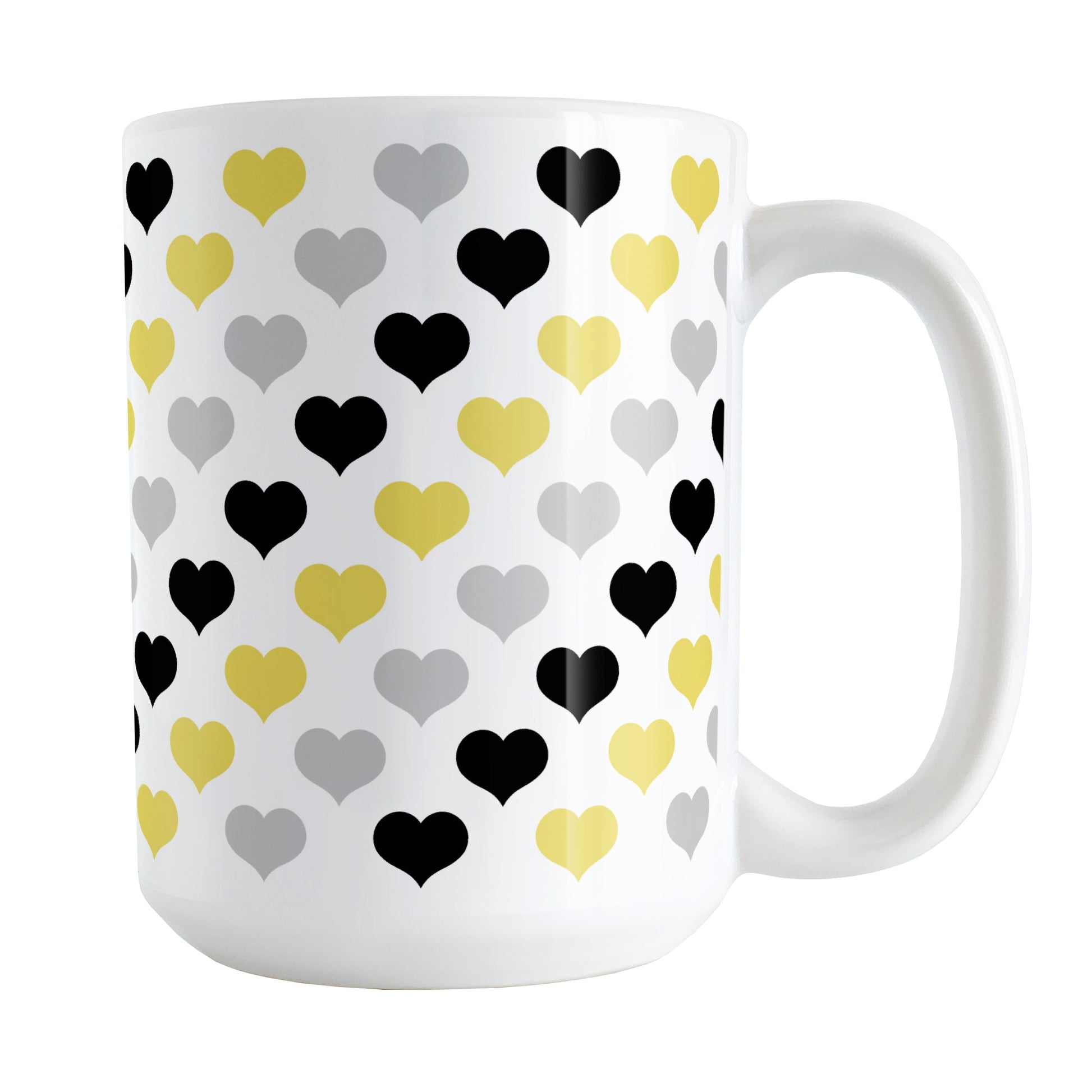 Yellow Black Gray Hearts Pattern Mug (15oz) at Amy's Coffee Mugs
