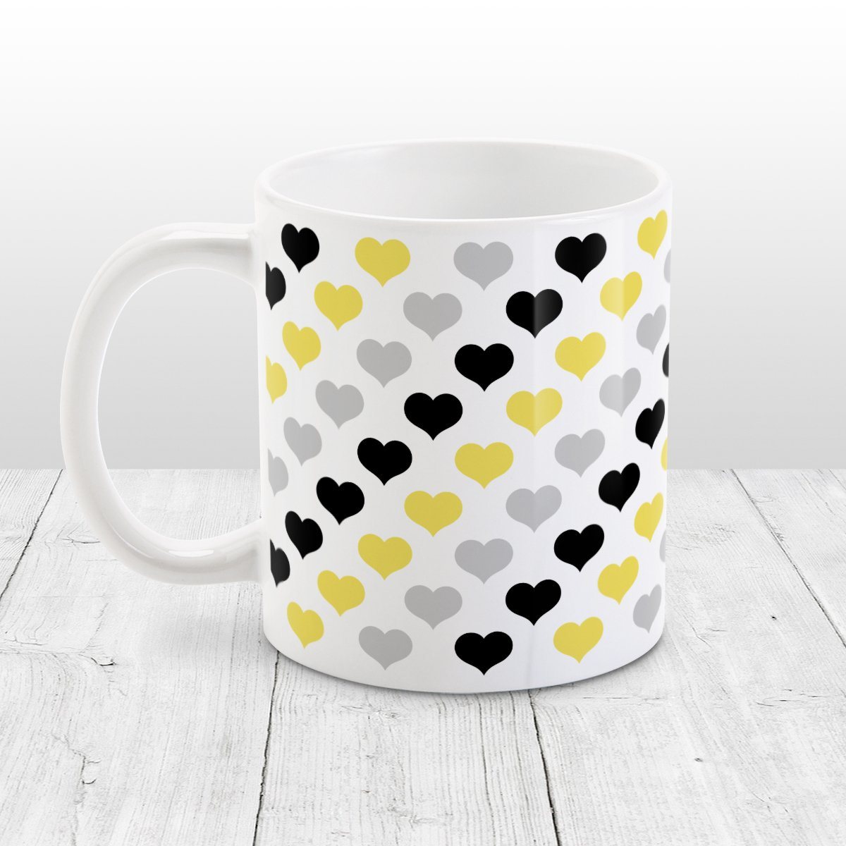 Yellow Black Gray Hearts Pattern Mug at Amy's Coffee Mugs