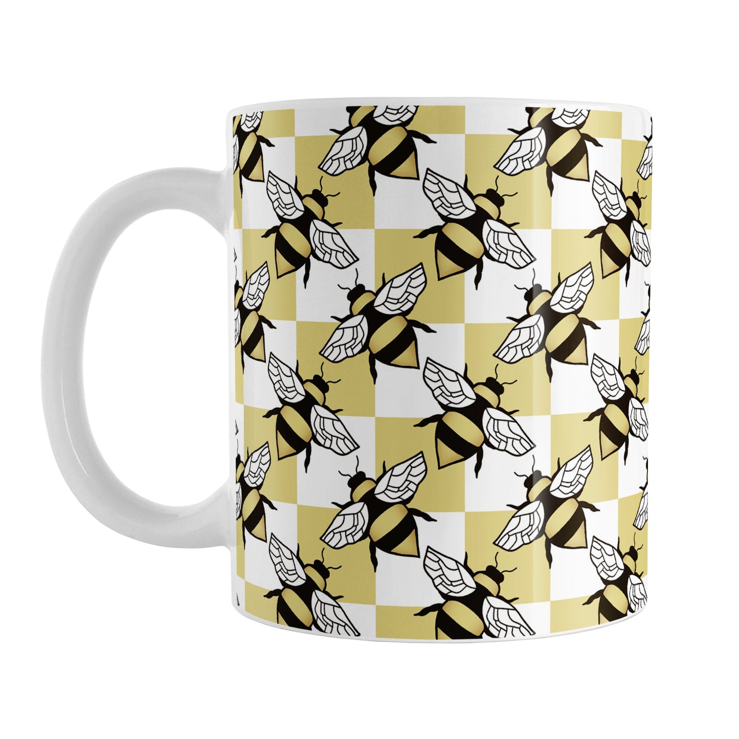 Yellow Checkered Bee Mug (11oz) at Amy's Coffee Mugs. A ceramic coffee mug designed with a an alternating pattern of black and yellow bees spaced evenly on the corners of a yellow and white checkered pattern that wraps around the mug up to the handle.