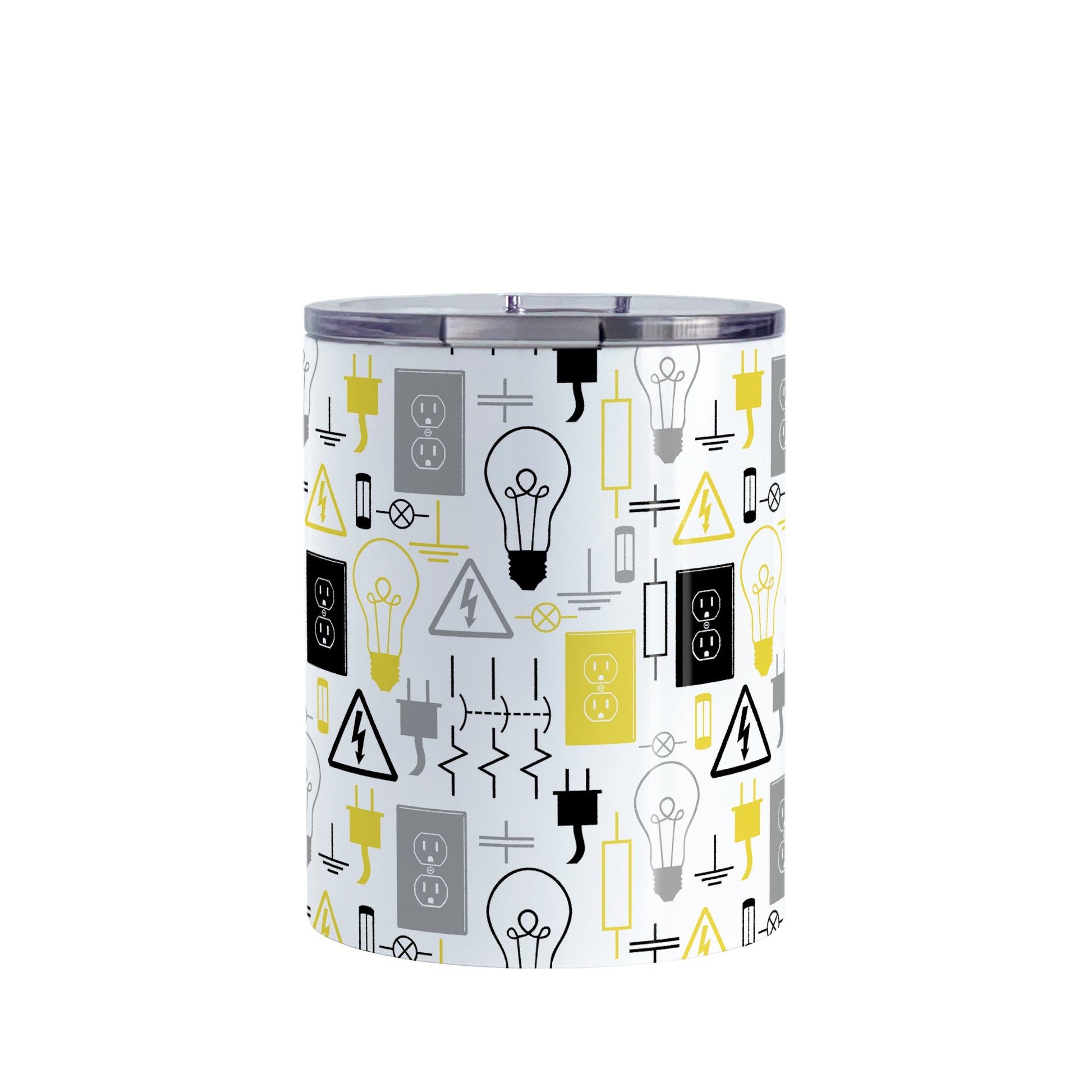 Yellow Electrical Electrician Tumbler Cup (10oz) at Amy's Coffee Mugs. A stainless steel insulated tumbler cup designed with an electrical pattern with light bulbs, wall sockets, plugs, fuses, and other electricity symbols in yellow, gray, and black colors that wraps around the cup. This cup is perfect for people who work a trade as an electrician, love working with electronics, and working in electrical engineering. 