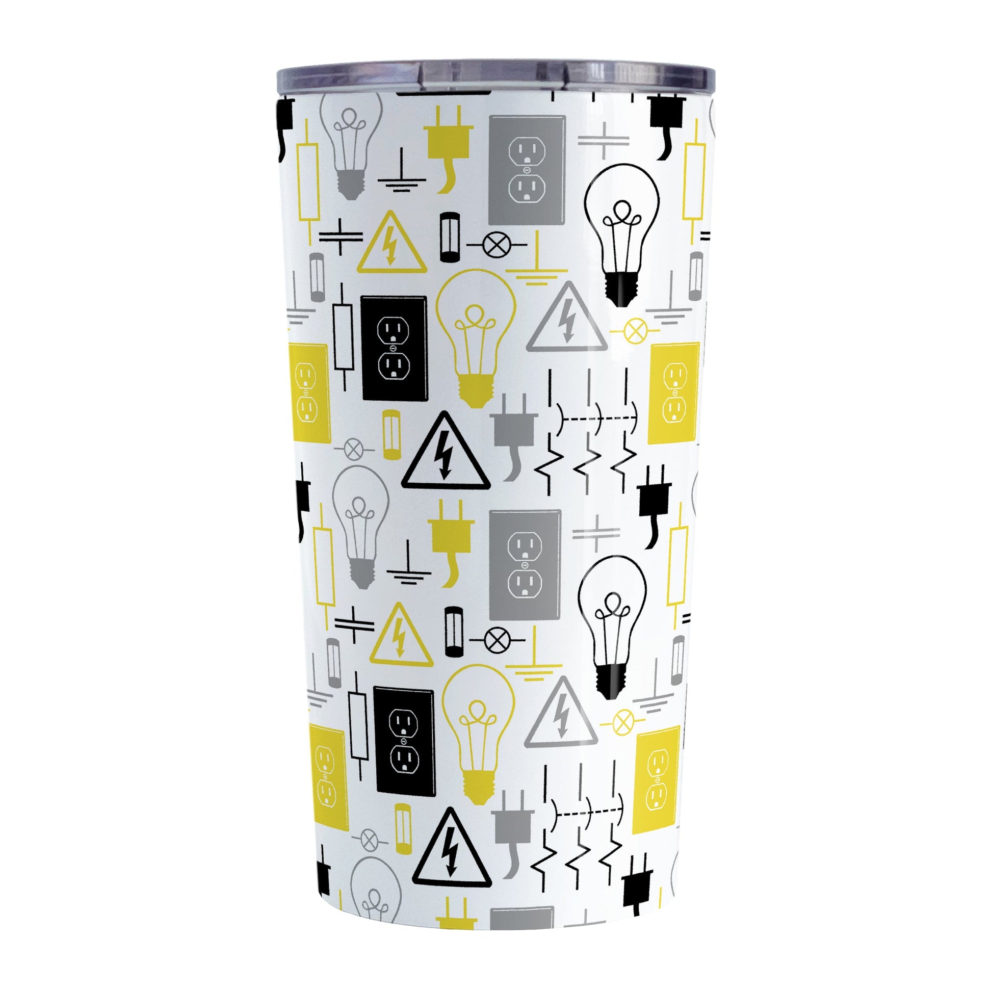 Yellow Electrical Electrician Tumbler Cup (20oz) at Amy's Coffee Mugs. A stainless steel insulated tumbler cup designed with an electrical pattern with light bulbs, wall sockets, plugs, fuses, and other electricity symbols in yellow, gray, and black colors that wraps around the cup. This cup is perfect for people who work a trade as an electrician, love working with electronics, and working in electrical engineering. 