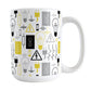 Yellow Electrical Pattern Mug (15oz) at Amy's Coffee Mugs. A ceramic coffee mug designed with an electrical pattern with light bulbs, wall sockets, plugs, fuses, and other electricity symbols in yellow, gray, and black colors. This mug is perfect for people who work a trade as an electrician or love working with electronics. 