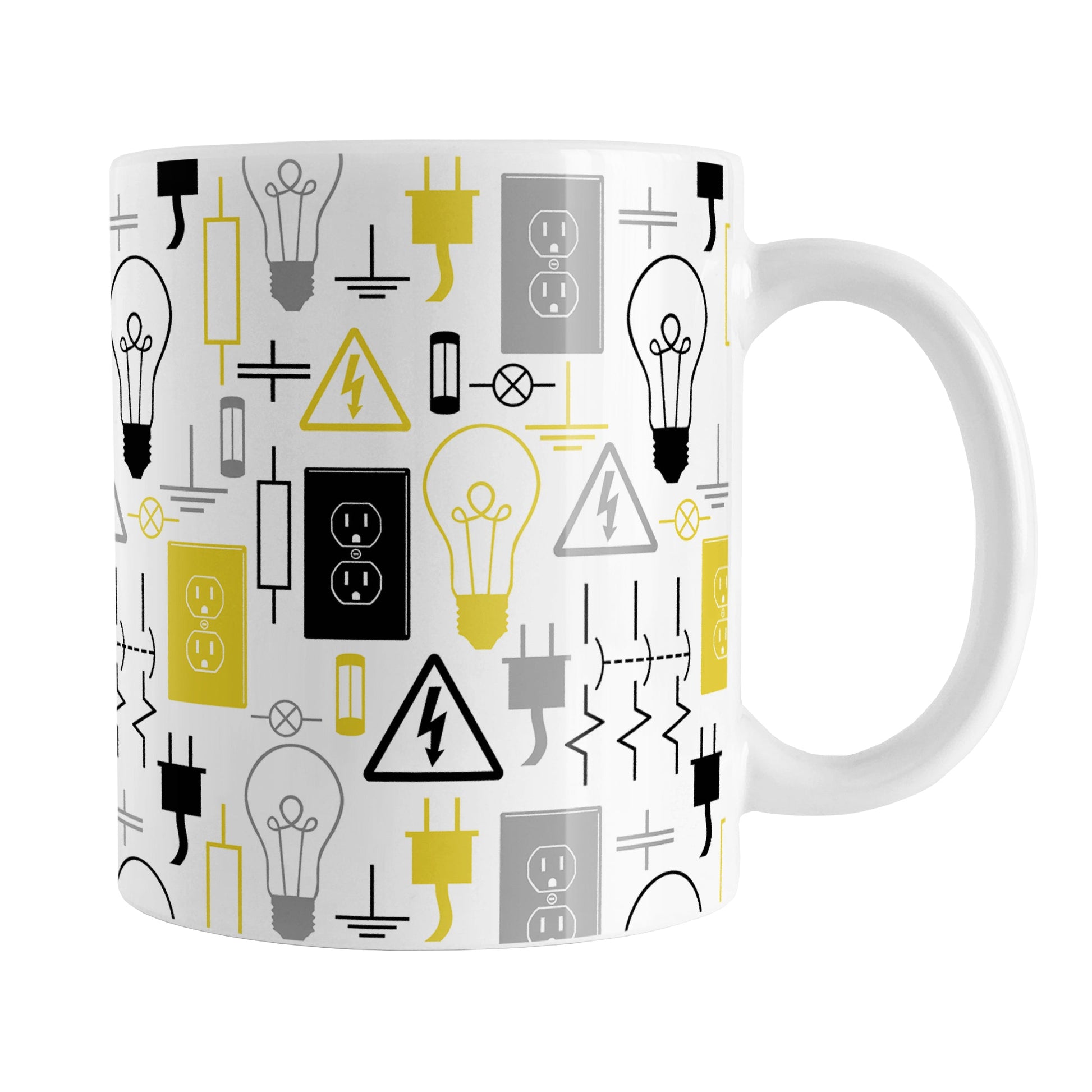 Yellow Electrical Pattern Mug (11oz) at Amy's Coffee Mugs. A ceramic coffee mug designed with an electrical pattern with light bulbs, wall sockets, plugs, fuses, and other electricity symbols in yellow, gray, and black colors. This mug is perfect for people who work a trade as an electrician or love working with electronics. 