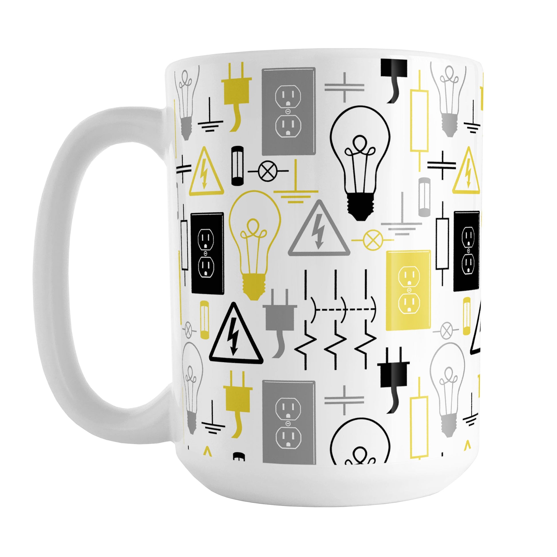 Yellow Electrical Pattern Mug (15oz) at Amy's Coffee Mugs. A ceramic coffee mug designed with an electrical pattern with light bulbs, wall sockets, plugs, fuses, and other electricity symbols in yellow, gray, and black colors. This mug is perfect for people who work a trade as an electrician or love working with electronics. 