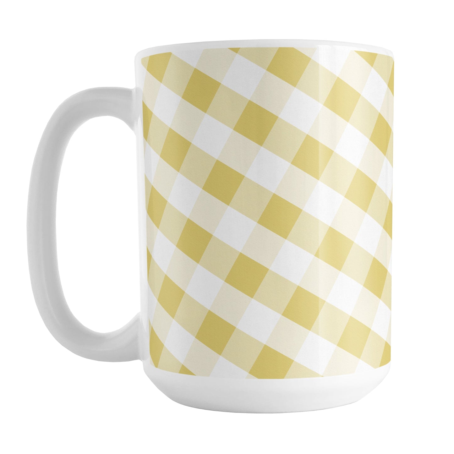 Yellow Gingham Mug (15oz) at Amy's Coffee Mugs. A ceramic coffee mug designed with a slanted yellow gingham pattern in yellow and white that wraps around the mug up to the handle.