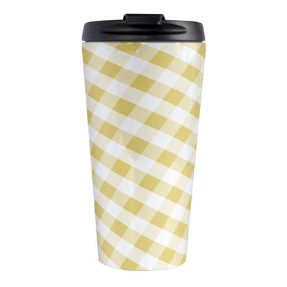 Yellow Gingham Travel Mug (15oz, stainless steel insulated) at Amy's Coffee Mugs