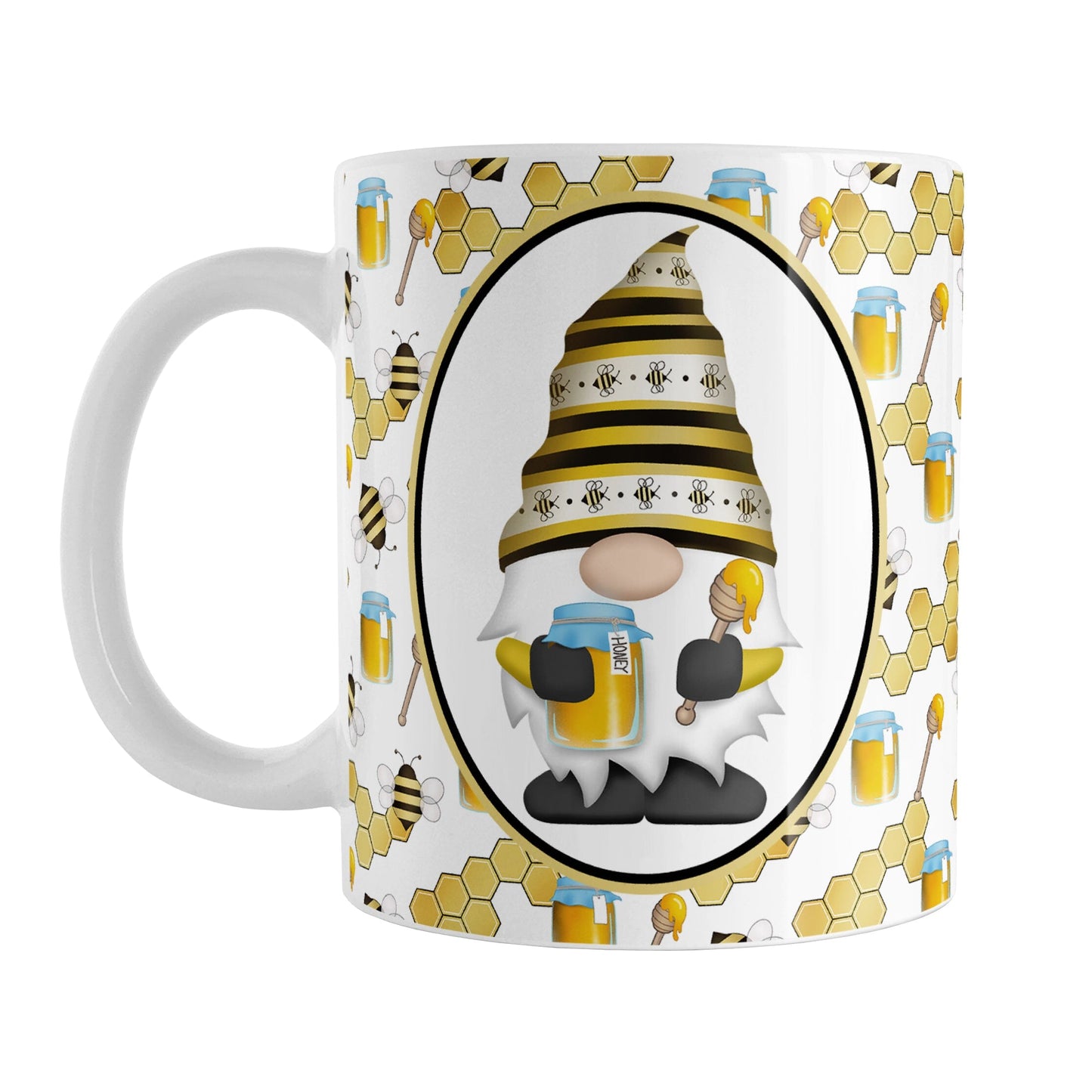 Yellow Gnome Honey Jar Bee Mug (11oz) at Amy's Coffee Mugs. A ceramic coffee mug designed with an adorable gnome wearing a yellow bee-themed hat and holding a honey jar and honey dipper in a white oval over a pattern background that wraps around the mug to the handle with bees, honey jars, honey dippers, and honeycomb.