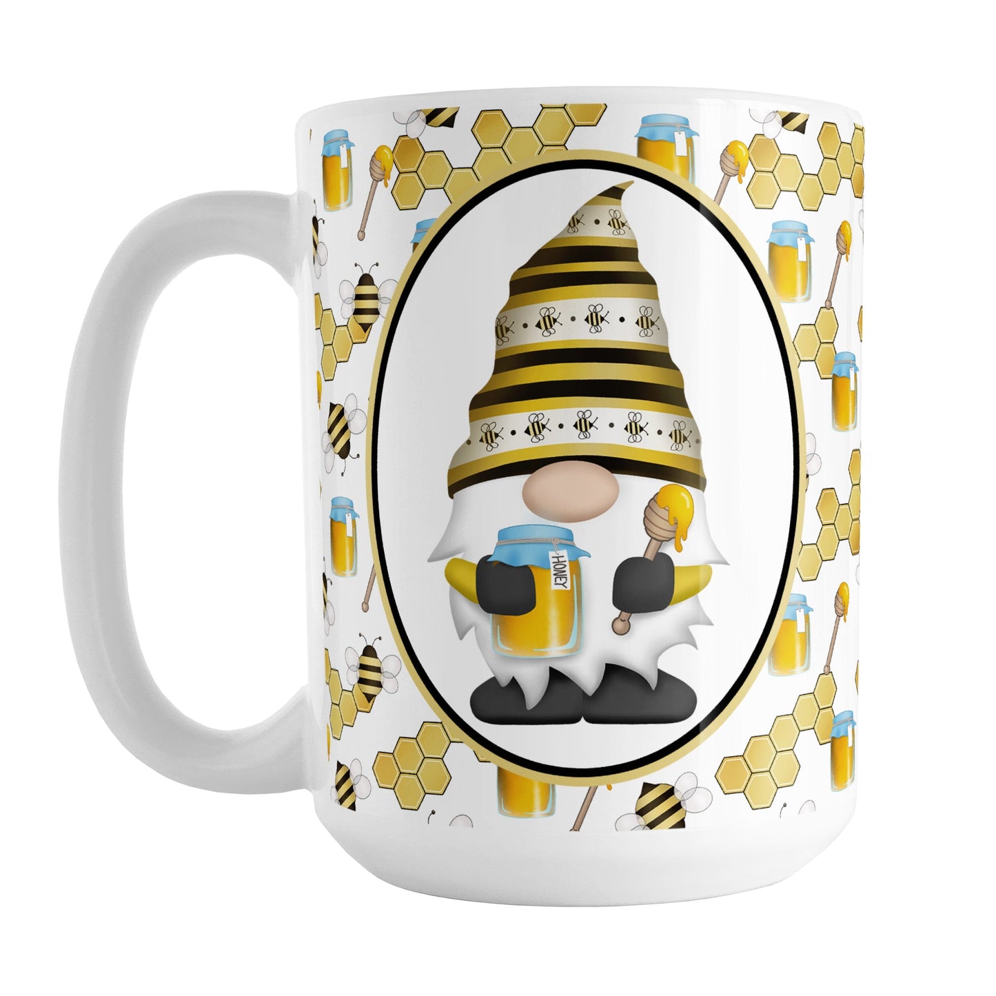 Yellow Gnome Honey Jar Bee Mug (15oz) at Amy's Coffee Mugs. A ceramic coffee mug designed with an adorable gnome wearing a yellow bee-themed hat and holding a honey jar and honey dipper in a white oval over a pattern background that wraps around the mug to the handle with bees, honey jars, honey dippers, and honeycomb.