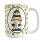 Yellow Gnome Honey Jar Bee Mug (15oz) at Amy's Coffee Mugs. A ceramic coffee mug designed with an adorable gnome wearing a yellow bee-themed hat and holding a honey jar and honey dipper in a white oval over a pattern background that wraps around the mug to the handle with bees, honey jars, honey dippers, and honeycomb.