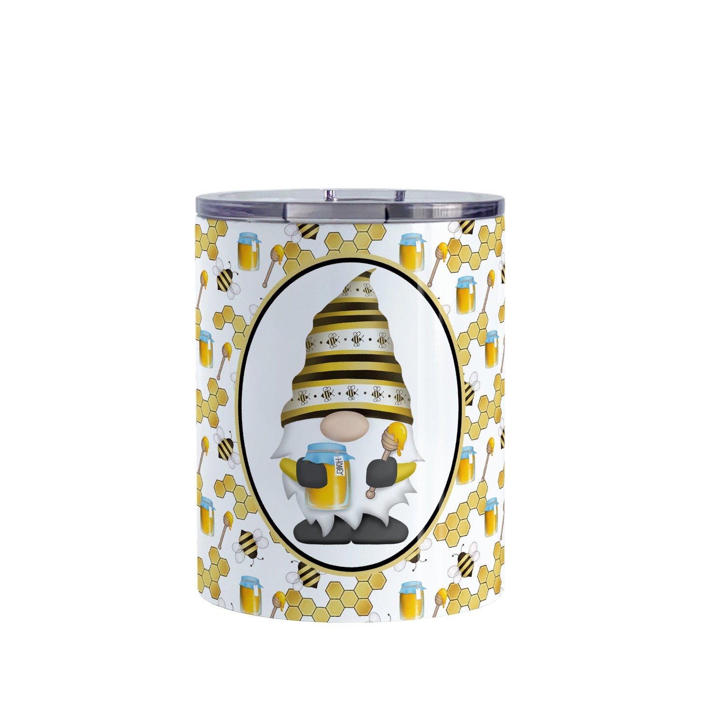 Yellow Gnome Honey Jar Bee Tumbler Cup (10oz) at Amy's Coffee Mugs. A stainless steel tumbler cup designed with an adorable gnome wearing a yellow bee-themed hat and holding a honey jar and honey dipper in a white oval over a pattern background that wraps around the cup with bees, honey jars, honey dippers, and honeycomb.