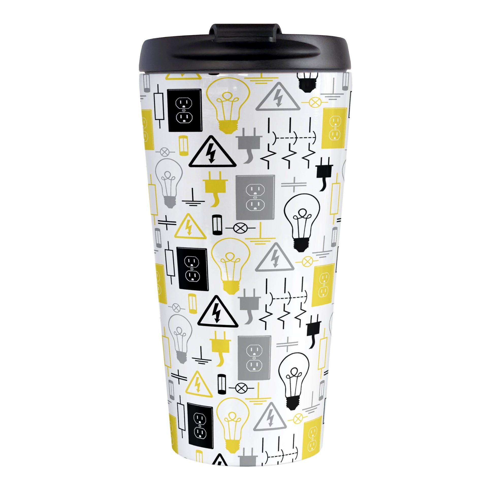 Yellow Gray Electrical Electrician Travel Mug (15oz) at Amy's Coffee Mugs. A stainless steel travel mug designed with an electrical pattern with light bulbs, wall sockets, plugs, fuses, and other electricity symbols in yellow, gray, and black colors. This travel mug is perfect for people who work a trade as an electrician or love working with electronics. 