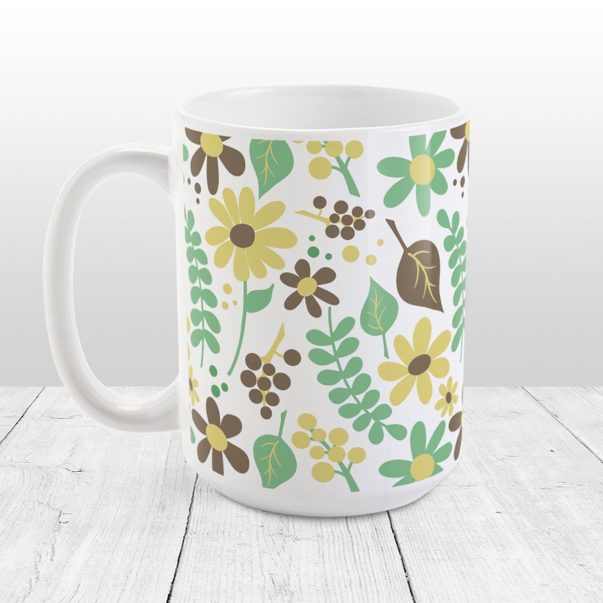 Yellow Green Brown Floral Pattern Mug (15oz) at Amy's Coffee Mugs