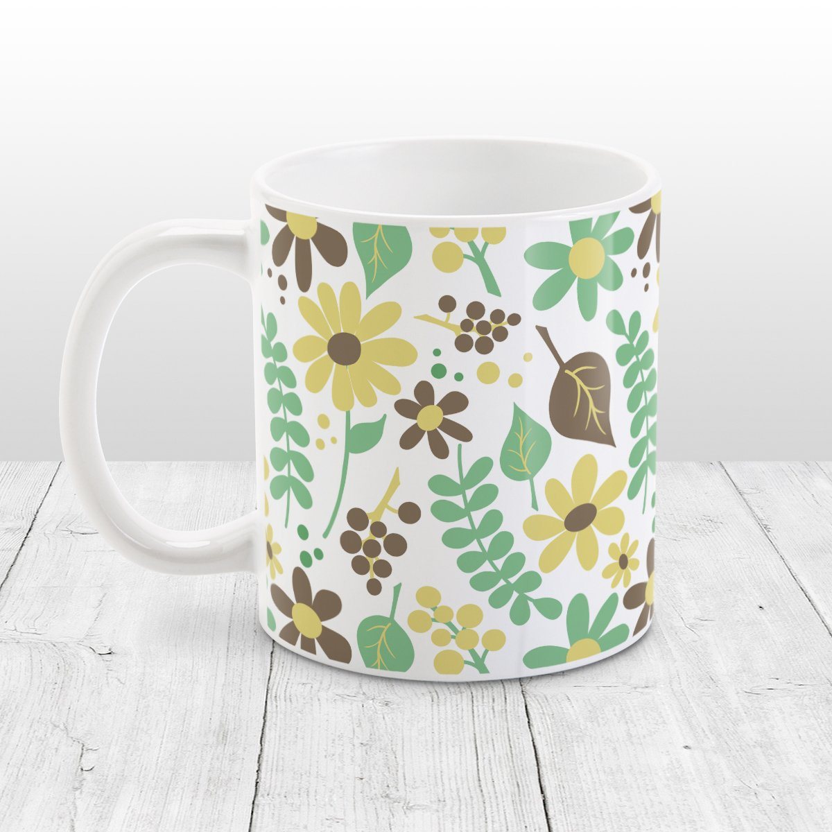 Yellow Green Brown Floral Pattern Mug (11oz) at Amy's Coffee Mugs