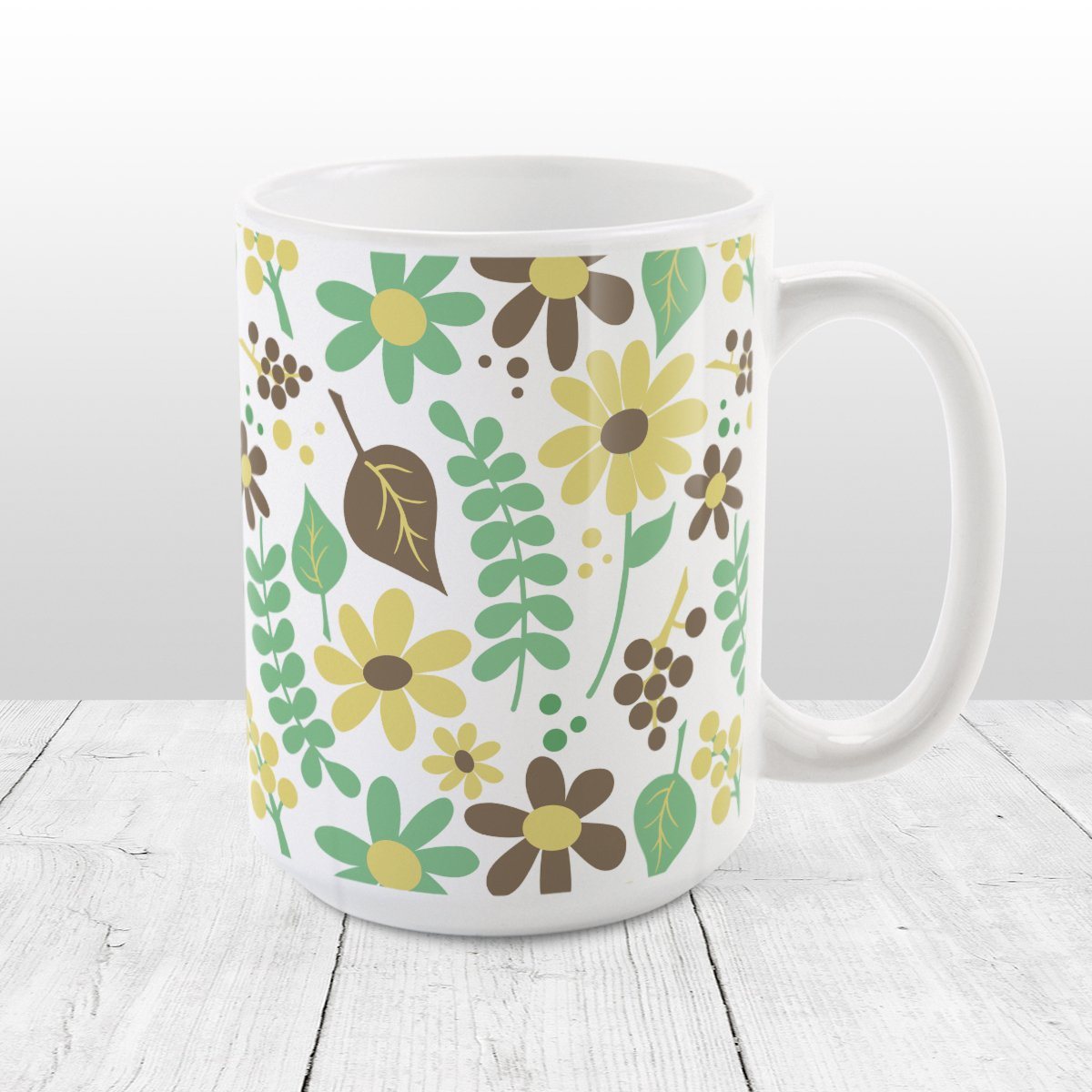 Yellow Green Brown Floral Pattern Mug (15oz) at Amy's Coffee Mugs