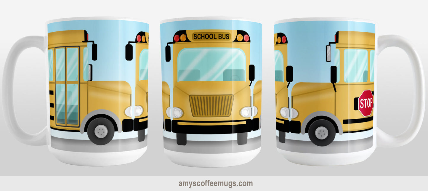 Yellow School Bus Mug (15oz) at Amy's Coffee Mugs. A ceramic coffee mug designed with three views of a yellow school bus around the mug to the handle. Perfect for school bus drivers and other school professionals. Photo shows each of the 3 views of the mug.