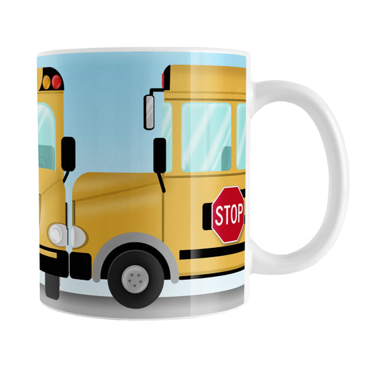 Yellow School Bus Mug (11oz) at Amy's Coffee Mugs. A ceramic coffee mug designed with three views of a yellow school bus around the mug to the handle. Perfect for school bus drivers and other school professionals. 