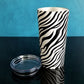 Zebra Print Pattern Tumbler Cups (20oz) with lid open on blue and glossy black background - Amy's Coffee Mugs